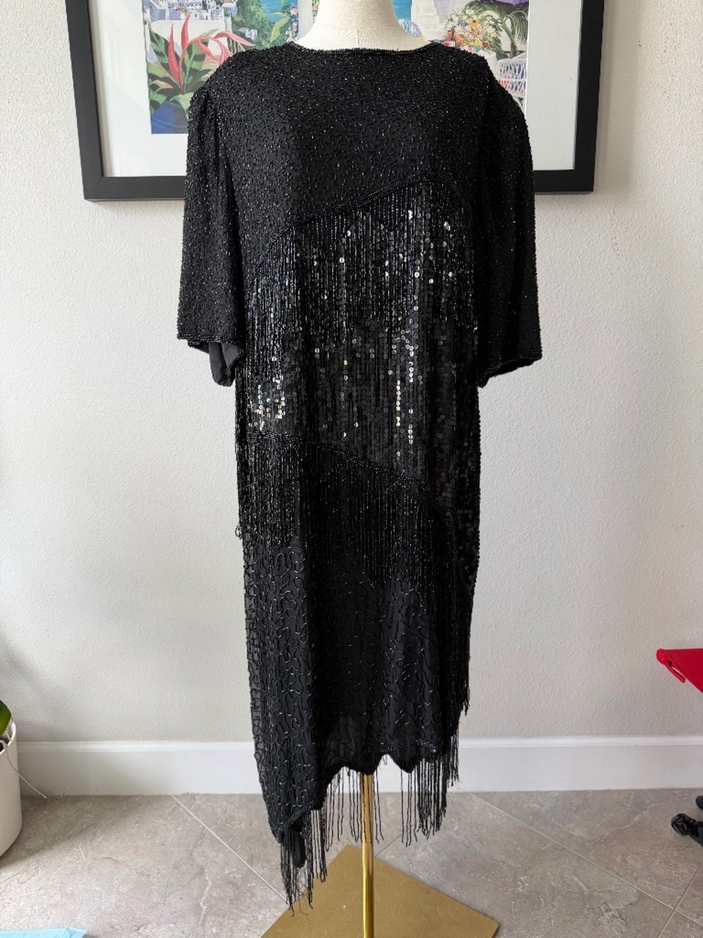 Vintage Scala Silk Beaded Fringe Flapper Dress Black INTRICATE Gorgeous Sz 4x